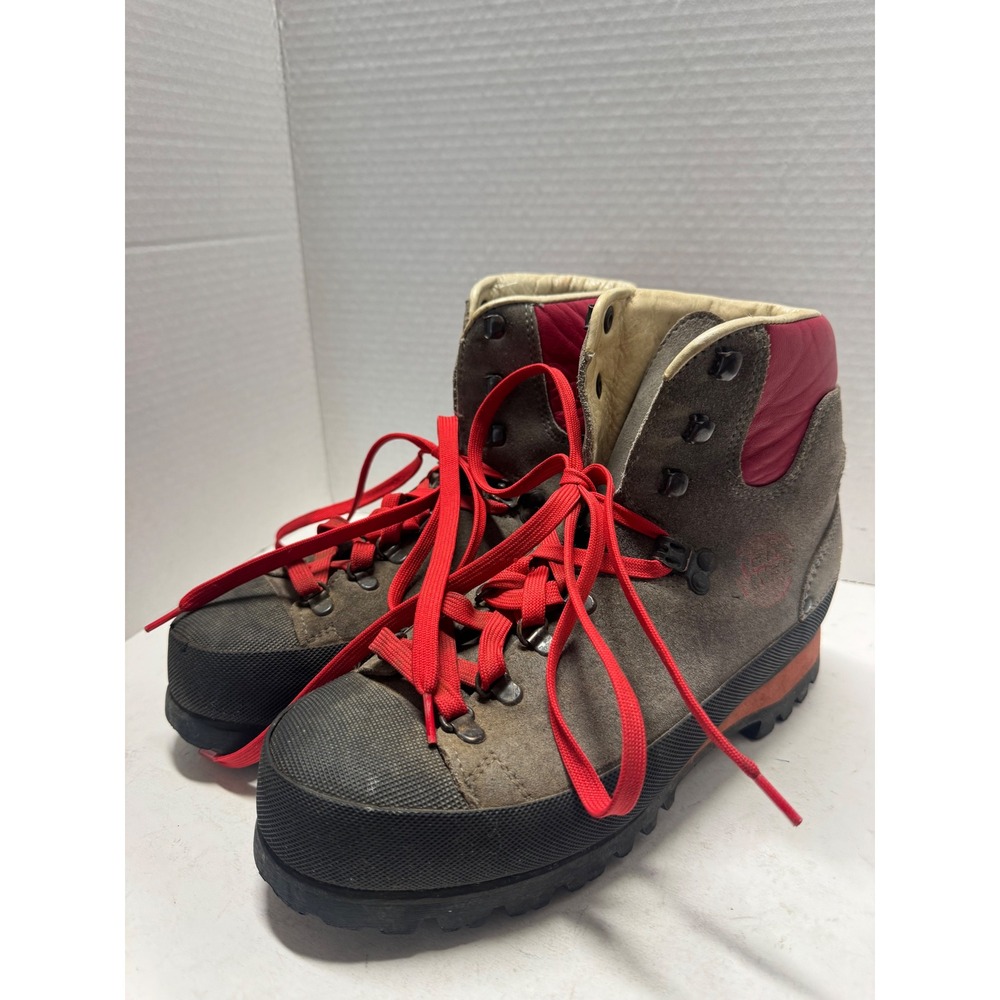 Vintage Hanwag Mountaineering Hiking Boots Grey Red Suede Vibram Sole Mens 8